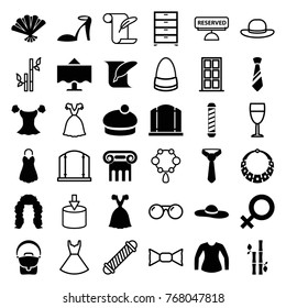 Set of 36 elegance filled and outline icons such as greek column, gate, heel sandals, blouse, dress, woman hat, tie, fan, restaurant table, necklace, door, hair curler, bamboo