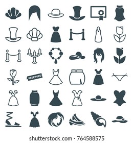 Set of 36 elegant filled and outline icons such as woman hairstyle, necklace, dress, corset, woman hat, tulip, hat, reserved, red carpet, diploma, shell, rose