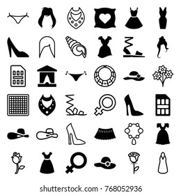 Set of 36 elegant filled and outline icons such as pillow with heart on it, female, woman hairstyle, panties with heart, woman shoe, dress, woman hat, necklace, skirt, stage