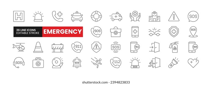 Juego de 36 iconos de línea de emergencia. Iconos de contorno de emergencia con colección de trazo editable. Incluye policía, ambulancia, alarma de incendios, 911, hospital y más.