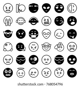 Set of 36 emoticon filled and outline icons such as crazy emot, emoji in mask, sad emot, emoji, alien head