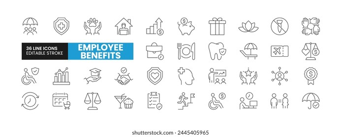 Set of 36 Employee Benefits line icons set. Employee Benefits outline icons with editable stroke collection. Includes Pay Raise, Health Insurance, Teamwork, Paid Vacation, Gender Equality, and More.