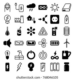 Set of 36 energy filled and outline icons such as soda, bottle for fitness, atom move, endless battery, tea cup, no charge, full battery, smart home, plug socket, lamp