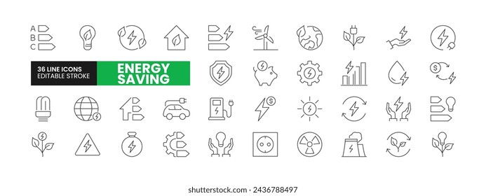 Set of 36 Energy Saving line icons set. Energy Saving outline icons with editable stroke collection. Includes Solar Energy, Green Planet, Eco Car, Nuclear Plant, Energy Production, and More.