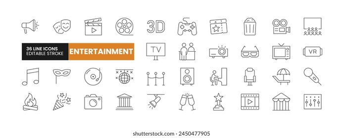 Set of 36 Entertainment line icons set. Entertainment outline icons with editable stroke collection. Includes Cinema, Gaming, Television, Beach, Theatre, and More.