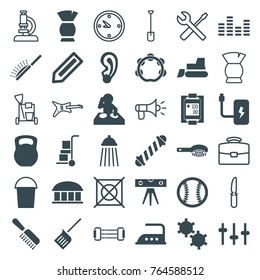 Set of 36 equipment filled and outline icons such as pencil, observatory, hair brush, hair curler, brush, bucket, iron, tractor, dj, equalizer, blood pressure measure
