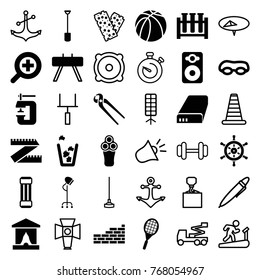 Set of 36 equipment filled and outline icons such as electric razor, trash bin, pliers, stage, expander sport, measure ruler, fitness equipment, swimming glasses, shovel