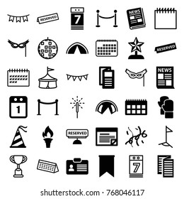Set of 36 event filled and outline icons such as red carpet barrier, news, tent, calendar, party hat, mask, confetti, reserved, torch, flag, plan, star trophy