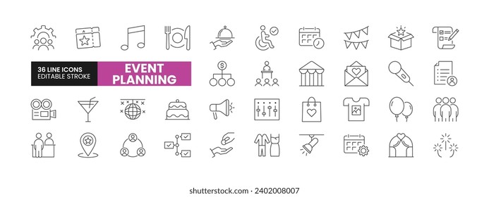 Set of 36 Event Planning line icons set. Event Planning outline icons with editable stroke collection. Includes Tickets, Fireworks, Filming, Budget