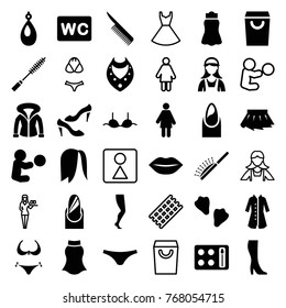 Set of 36 female filled and outline icons such as nail, bikini, necklace, earring, wc, shoe, female underwear, bra, skirt, overcoat, shopping bag, woman, baby playing with toy