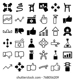 Set of 36 up filled and outline icons such as baby chair, make up bag, man move, move, roundelay, money growth, cargo only in box allowed, hand on graph, graph, medal