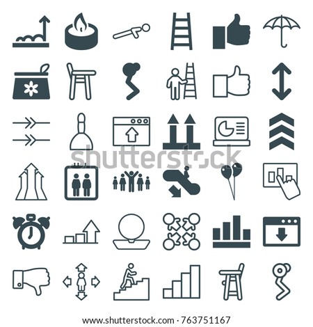 Set of 36 up filled and outline icons such as elevator, escalator down, make up bag, balloon, graph, clock alarm, man doing exercises, ladder, cargo arrow up, thumb up