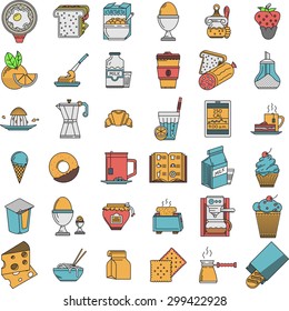 Set of 36 flat color design vector icons for food. Cakes, fruits, coffee, bread, milk and other elements of healthy breakfast, lunch or dinner menu for website