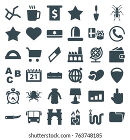 Set of 36 flat filled icons such as barn, airport bus, mug, alarm, call, octopus, ant, arch, globe, overcoat, abc, protractor, table lamp, eraser, middle finger, location