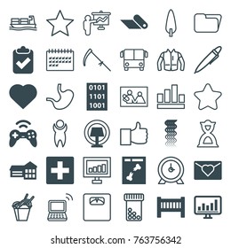 Set of 36 flat filled and outline icons such as baby bed, curly hair, hearts, plus, school, love letter, clipboard with tick, x ray, chart, table lamp, carpet, joystick