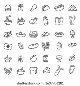 Set of 36 food doodle icons in cute hand drawn style isolated on white background 