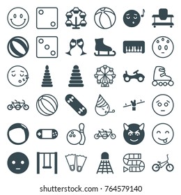 Set of 36 fun filled and outline icons such as pyramid, bike, piano toy, baby walker, sad emot, emoji listening music, devil emot, carousel, beach ball, family bicycle
