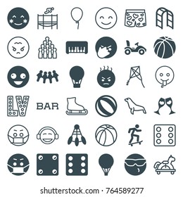 Set of 36 fun filled and outline icons such as piano toy, dice, crazy emot, blush, cool emot in sunglasses, emoji in mask, beach ball, air balloon, children, shuttlecock