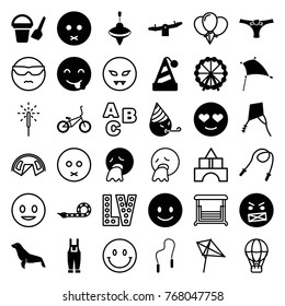 Set of 36 fun filled and outline icons such as seal, ferris wheel, bucket toy for beach, swing, smiling emot, sad emot, party hat, skipping rope, gardener jumpsuit