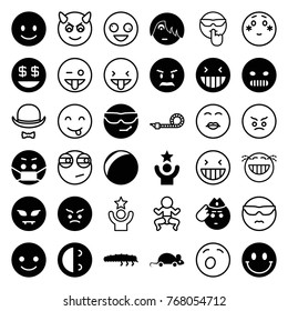 Set Of 36 Funny Filled And Outline Icons Such As Smiling Emot, Laughing Emot, Dollar Smiley, Emoji In Mask, Plastic Ball, Caterpillar, Celebrity, Smiley, Emoji Showing Tongue