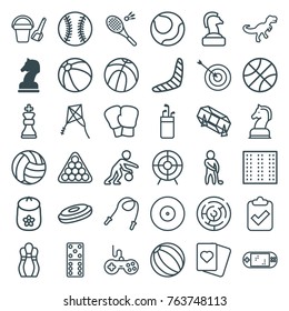 Set of 36 game outline icons such as horse chess, field, baby toy, beach ball, joystick, boomerang, bucket toy for beach, domino, lottery, billiards, target, spades