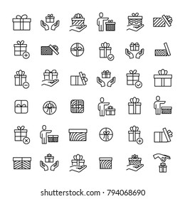 Set of 36 gift thin line icons. High quality pictograms of present. Modern outline style icons collection. Box, surprise, package, price, etc.