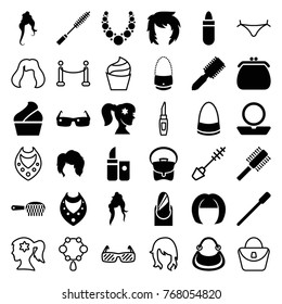 Set of 36 glamour filled and outline icons such as hair brush, nail file, woman hairstyle, lipstick, necklace, bag, sunglasses, panties with heart