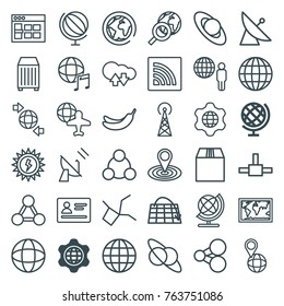 Set of 36 global outline icons such as globe in gear, globe, signal tower, satellite, passport, banana, map location, browser window, planet, world map, share