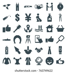 Set of 36 hand filled icons such as plant, milk can, mirror, cream tube, blouse, jumpsuit, overcoat, handshake, theodolite, pliers, dollar, shopping basket