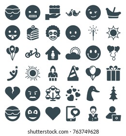 Set of 36 happy filled icons such as goose, child bicycle, baby basket, casino girl, casino boy, man in home, man with laptop, heart, gift, wink emot, emot in sun glasses