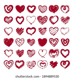 Set of 36 Hearts Hand-drawn with a brush.
