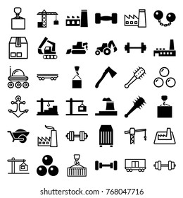 Set of 36 heavy filled and outline icons such as barbell, excavator, hook with cargo, axe, wheelbarrow, cargo container, factory, construction  crane, mace, canon ball