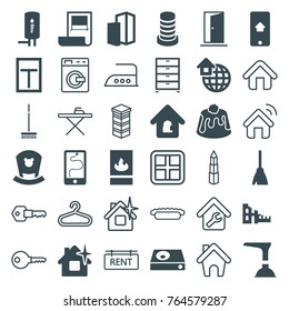 Set Of 36 Home Filled And Outline Icons Such As Broom, Clean House, Pie, Dvd Player, Lock Home, Building, Fire Protection, Geyser, Broken House, Washing Machine, Window