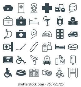 Set of 36 hospital filled and outline icons such as disabled, bed, first aid kit, medical cross, blod pressure tool, pill, scalpel, nurse, medical kit, nurse hat, ambulance