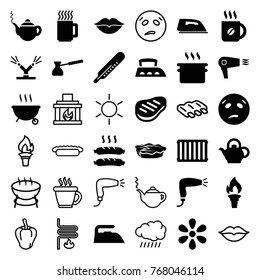 Set of 36 hot filled and outline icons such as thermometer, hair dryer, teapot, iron, coffee, sweating emot, pan, pie, beef, sausage, turk, watering system, radiator