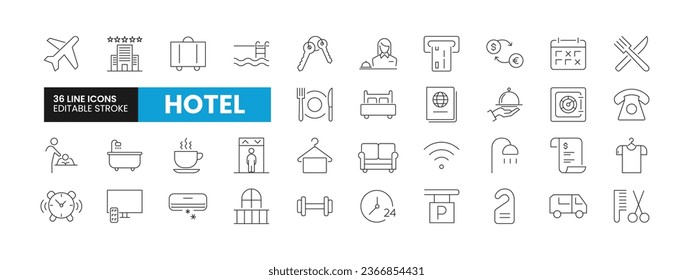 Set of 36 Hotel line icons set. Hotel outline icons with editable stroke collection. Includes Hotel, Swimming Pool, Barber Shop, Luggage, Airplane and More.