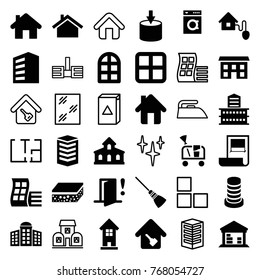 Set of 36 house filled and outline icons such as building, window, modern curved building, entrance, cargo barn, key, home, smart home, door warning, brick wall, clean