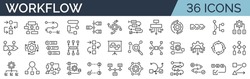 Set Of 36 Icons Related To Workflow, Processing, Operation. Outline Icon Collection. Editable Stroke. Vector Illustration.
