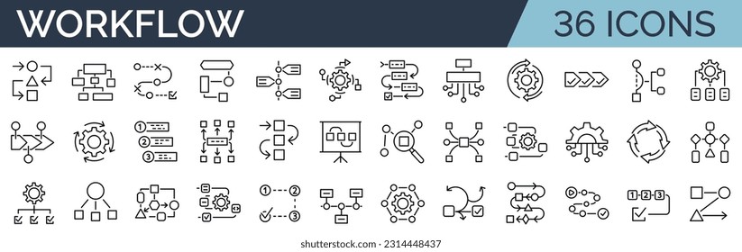 Set of 36 icons related to workflow, processing, operation. Outline icon collection. Editable stroke. Vector illustration.