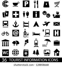 Set of 36 icons for tourist map. Tourist information icons. Guide