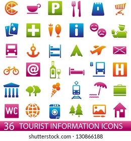 Set of 36 icons for tourist map. Tourist information icons. Guide