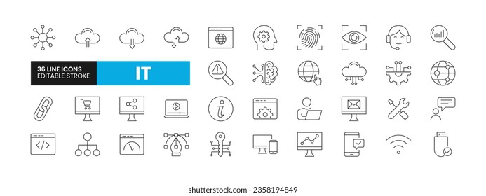 Set of 36 Information Technology line icons set. IT outline icons with editable stroke collection. Includes Computer, Link Building, Page Optimization, Analytics, Cloud Computing and More.