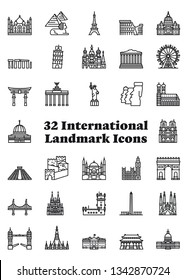 Set of 36 international landmark icons. Travel, tourism and sightseeing illustrations