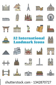 Set of 36 international landmark icons. Travel, tourism and sightseeing illustrations, filled outline style.