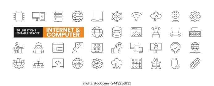 Set of 36 Internet and Computer line icons set. Internet and Computer outline icons with editable stroke collection. Includes Computer, Website, WiFi, Cloud Computing, Hardware, and More.