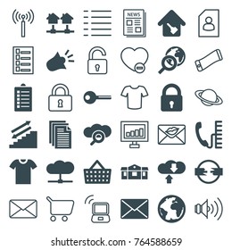 Set of 36 internet filled and outline icons such as lock, mail, stairs, shopping bag, globe search, planet, cloud, search cloud, download cloud, home, cable, home key, key