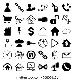 Set of 36 internet filled and outline icons such as house building, call, key, shopping cart, open lock, cloud connection, xy, chain, signal, phone cable, memory card, home