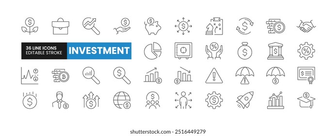 Set of 36 Investment line icons set. Investment outline icons with editable stroke collection. Includes Savings, Risk Management, Bank, Assets, Inflation, and More.