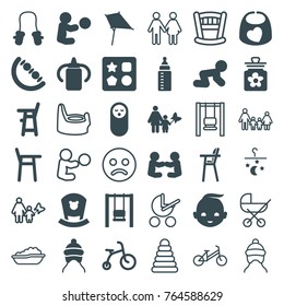 Set of 36 kid filled and outline icons such as baby bottle, child bicycle, from toy for beach, kite, swing, mother and son, pyramid, sad smiley, family
