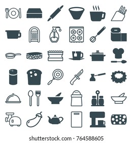 Set of 36 kitchen filled and outline icons such as pepper, bowl, sponge, bread, tea, pot, chef hat and spoon, corolla, dough pin, pan, turk, coffee machine, eggplant